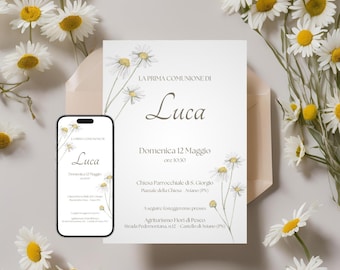 Invitación de Primera Comunión con temática floral, plantilla editable en papel y digital, invitación de Primera Comunión para niñas y niños.