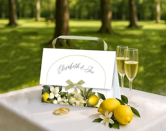 DIY printbare trouwtas, bewerkbaar sjabloon voor gastencadeaus, trouwtas met citroen en bloemen, printen en samenstellen, exclusief accessoires