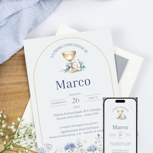Modello per invito Prima Comunione Blu e classico| invito semplice ed elegante | invito editabile cartaceo e digitale | Modello Fiori Blu