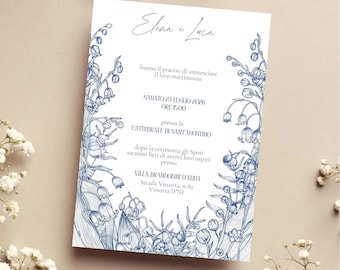 Hochzeitseinladung mit Blumenmotiv, bearbeitbare Vorlage für eine Hochzeitseinladung, elegante Hochzeitseinladung mit blauen Blumen