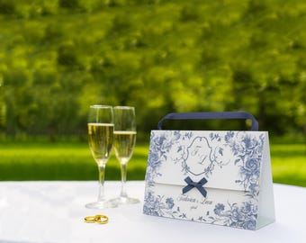 Zelf te printen bruidstas, bewerkbaar sjabloon voor bruidstas voor gasten, bruidstas met blauwe bloemen, printen en in elkaar zetten, accessoires niet inbegrepen.
