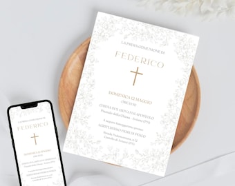 Plantilla de invitación de Primera Comunión con flores, invitación en papel y digital para Primera Comunión, invitación editable de Primera Comunión, invitación floral