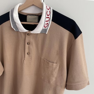 Gucci Letters and Navy Stripes on White Collar Beige Polo Shirt Size XL