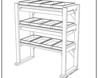 Könnte beinhalten: Linienzeichnung eines Saatgut-Startständers, ein vierstufiger Holzständer mit Regalen zum Aufstellen von Saatgutbehältern. Der Ständer ist 152 cm hoch, 140 cm breit und 61 cm tief. Copyright © 2023 RJT Designs.