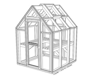 May include: Line drawing of a greenhouse frame with a door and a window. The frame is made of wood and has a pitched roof. Copyright 2020 RJ Designs.