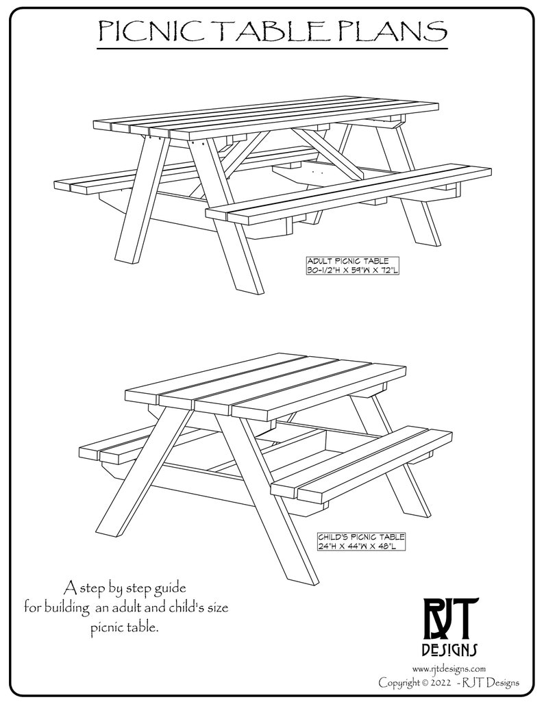 Picnic Table Plans Adult and Child's Size PDF Version | Etsy