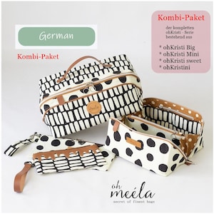 Könnte beinhalten: Ein Set von Taschen mit einem schwarz-weißen Muster, darunter eine große Tragetasche, eine Kosmetiktasche und eine kleine Tasche. Die Taschen haben braune Lederakzente und Reißverschlüsse. Der Text "oh meéla" ist sichtbar.