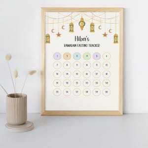 Op de afbeelding: Een printbare Ramadan-vastenkalender met een kleurrijke kalender en een decoratieve rand van lantaarns en sterren. De titel luidt "Hiba's Ramadan Fasting Tracker".