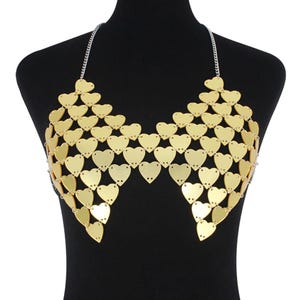 Beaded Body Chain Bra: Acrylic Gold Heart, Rave Festival Burlesque Jewelry