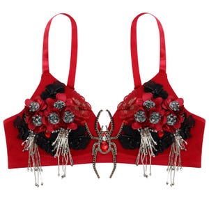 Beaded Rhinestone Flower & Insect Bra Top Boho Bridal Bralette for Belly Dance | Festival Wear, Rave Outfit, Burlesque Costume