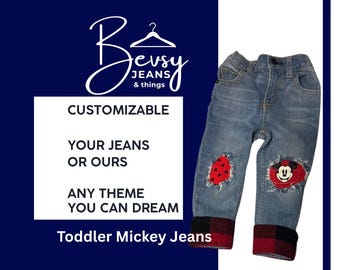 Custom Toddler Mickey Mouse Jeans - Any Theme You can Dream Made-to-Order Denim Upcycled Jeans, Skirts, Aprons, Capris, Shorts