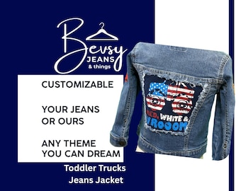 Custom Boys Truck themed Jeans Jacket - Any Theme You can Dream Made-to-Order Denim Upcycled Jeans, Skirts, Aprons, Capris, Shorts