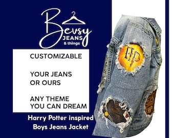 Custom Boys Harry Potter inspired Jeans Jacket - Any Theme You can Dream Made-to-Order Denim Upcycled Jeans, Skirts, Aprons, Capris, Shorts
