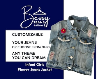 Custom Toddler Flower Jacket - Any Theme You can Dream Made-to-Order Denim Upcycled Jeans, Skirts, Aprons, Capris, Shorts, Baby Clothes, Kid