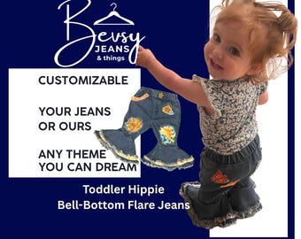 Custom Toddler Hippie Bell-Bottom Flare Jeans - Any Theme You can Dream Made-to-Order Denim Upcycled Jeans, Skirts, Jackets, Capris, Shorts