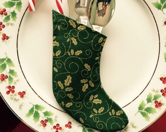 Decorative Mini Stocking for Flatware on the Holiday Table Small Gold Leaves on Sage Green