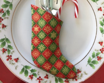 Red and Green Checkerboard with Gold Snowflakes Mini Stocking Flatware Holders -Set of 4