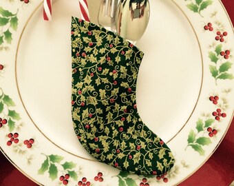 Mini Stocking for Flatware Small gold holly leaves on Green for Holiday Table Small Gold Leaves and Red Berries on Green Background Set of 4