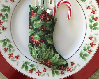 Holiday Silverware Holders Table Settings Decoration in a Large Holly and Berries Pattern - Set of 4