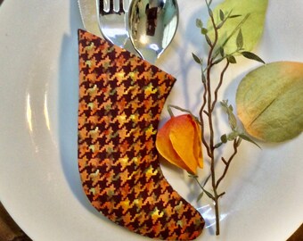 Fall Harvest Thanksgiving Stocking Place Setters in Orange and Brown Hounds Tooth Pattern - Set of Four