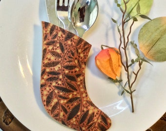 Harvest Fall Place Settings in Brown Leaves with Orange Outlines on Cream Background - Set of Four