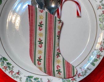 Candy Canes on Stripes Christmas Stocking Silverware Holders Table Decoration utensils/flatware Sock - Set of 4