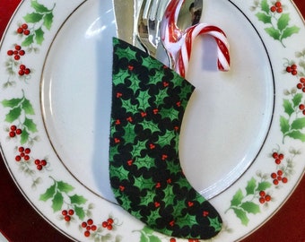 Christmas Table Socks hold Silverware in a Small Holly with Red Berries on Black Background - Set of Four