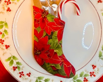 Mini Christmas Stocking Silverware Holders, Cutlery, Utensil, Flatware Poinsettias - Set of 4