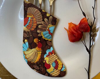 Thanksgiving Table Decoration Mini Stockings Silverware Holders for Place Settings - colorful Turkeys with blue feathers - Set of 4