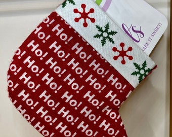 Handmade Gift Card Holder Cotton Christmas Fabric Ho Ho Ho Stocking with Snowflakes Cuff