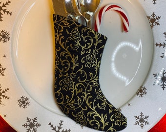 Black and Gold Utensil Mini Stockings in Gold Filigree on Black Background Cotton Fabric Sold as a set of 4; great for Wedding, New Years