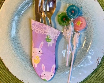 Silverware Holders for Easter Table Bunny Rabbits with Easter Eggs Rabbits Foot Table Decoration - Set of 4 Holders