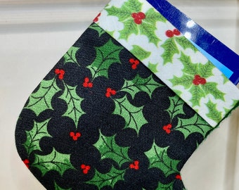 Handmade Gift Card Holder Cotton Christmas Fabric in Holly Leaves and Red Berries on Black