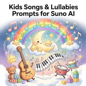 Könnte beinhalten: Verspielte Illustration mit Regenbogen, Noten, einem lächelnden Mond, Sternen und Musikinstrumenten. Ein Teddybär und ABC-Blöcke sind ebenfalls vorhanden. Der Text lautet "Kids Songs & Lullabies Prompts for Suno AI."