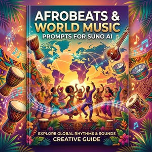May include: A book cover titled "Afrobeats & World Music Prompts for Suno AI". The cover features a world map, musical instruments, and people dancing. The text "Explore Global Rhythms & Sounds Creative Guide" is also present.