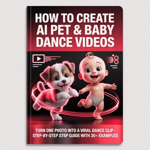 Könnte beinhalten: Buchcover mit dem Titel "HOW TO CREATE AI PET & BABY DANCE VIDEOS" in weißer Schrift auf rotem Farbverlauf. Das Cover zeigt einen Cartoon-Welpen und ein Baby mit dem Text "TURN ONE PHOTO INTO A VIRAL DANCE CLIP - STEP-BY-STEP STEP GUIDE WITH 30+ EXAMPLES".