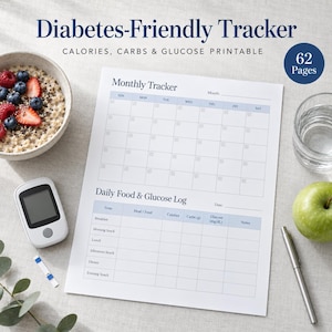 Peut inclure: Un carnet de suivi du diabète imprimable de 62 pages, comprenant un calendrier mensuel et un journal quotidien de l'alimentation et de la glycémie. Le document inclut des colonnes pour l'heure, le repas, les calories, les glucides et la glycémie.