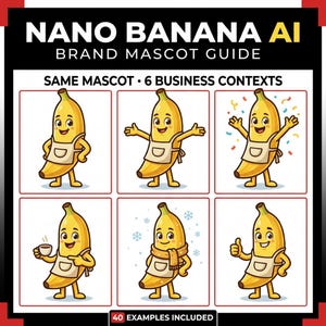 Puede incluir: Una guía titulada "Nano Banana AI Brand Mascot Guide" con un personaje de plátano de dibujos animados en varios contextos comerciales. El plátano lleva un delantal y se representa con diferentes accesorios y expresiones. La guía incluye 40 ejemplos.
