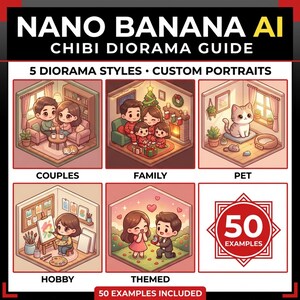 Könnte beinhalten: Ein Leitfaden namens "NANO BANANA AI CHIBI DIORAMA GUIDE" mit Illustrationen von Chibi-Dioramen. Der Leitfaden zeigt 5 Diorama-Stile, darunter Paare, Familie und Haustiere, mit 50 Beispielen.