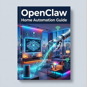 Könnte beinhalten: Buchcover mit dem Titel "OpenClaw Home Automation Guide". Das Cover zeigt ein futuristisches Wohnzimmer mit Smart-Home-Geräten, einem Roboterarm und leuchtenden blauen und violetten Akzenten. Das Design deutet auf einen Leitfaden zur Hausautomation hin.