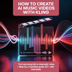 May include: A digital illustration featuring a film clapperboard with a sound wave graphic in blue, purple, and red. The text "HOW TO CREATE AI MUSIC VIDEOS WITH KLING" is at the top. Below, it reads "Turn any song into a cinematic video + Step-by p-byedeep guide 30+ with examples."