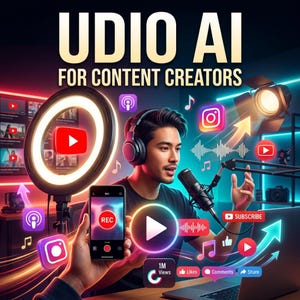 以下が含まれることがあります： コンテンツクリエイター向けのUDIO AIを宣伝するデジタルイラスト。ヘッドフォンをつけた男性がマイクに向かって話しており、ソーシャルメディアのアイコンに囲まれています。携帯電話には録音インターフェースが表示されています。「UDIO AI FOR CONTENT CREATORS」というテキストが含まれています。