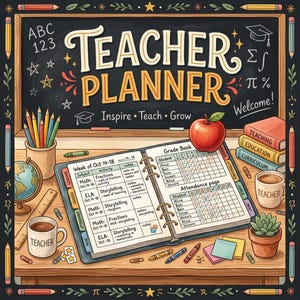Könnte beinhalten: Eine farbenfrohe Illustration eines Lehrerplaners mit den Worten "Teacher Planner" und "Inspire Teach Grow". Der Planer ist für einen Wochenplan und eine Anwesenheitsseite geöffnet, umgeben von Schulmaterialien, Büchern und einem roten Apfel. Der Hintergrund ist eine Tafel.