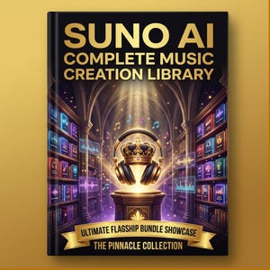 Könnte beinhalten: Ein Buchcover mit dem Titel "SUNO AI COMPLETE MUSIC CREATION LIBRARY" in goldener Schrift. Das Cover zeigt eine Krone, die auf Kopfhörern ruht, mit Noten und einem Bibliotheks-Hintergrund. Das Banner lautet "ULTIMATE FLAGSHIP BUNDLE SHOWCASE THE PINNACLE COLLECTION."
