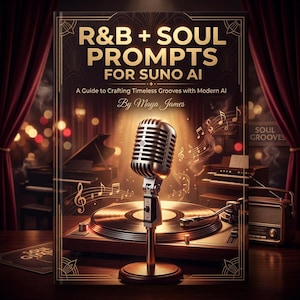 May include: Book cover titled "R&B + SOUL PROMPTS FOR SUNO AI" with a vintage microphone in front of a record player. The background features musical notes, a piano, and a radio, with text "A Guide to Crafting Timeless Grooves with Modern AI By Maya James."