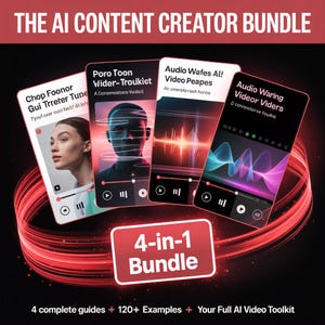May include: The AI Content Creator Bundle graphic features four digital screens with audio and video interfaces. The screens are surrounded by a red, glowing, circular design. The bundle includes 4 complete guides, 120+ examples, and a full AI video toolkit.