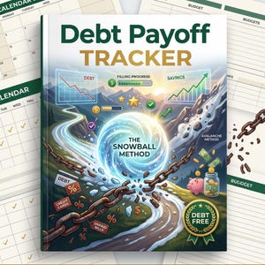 Könnte beinhalten: Ein gebundenes Buch "Debt Payoff Tracker" mit farbenfroher Illustration. Das Cover zeigt eine Berglandschaft mit Finanzdiagrammen, eine leuchtende Kugel und den Text "Debt Payoff TRACKER". Eine Kette bricht, und "Debt Free" ist sichtbar.
