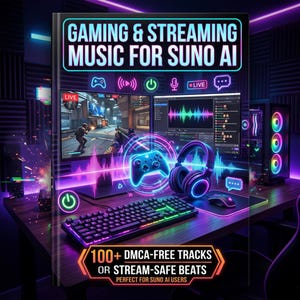 May include: A digital illustration of a gaming and streaming setup. The image features a computer monitor displaying a video game, a keyboard, a mouse, a controller, and headphones. Text reads "GAMING & STREAMING MUSIC FOR SUNO AI" and "100+ DMCA-FREE TRACKS OR STREAM-SAFE BEATS".