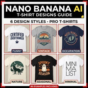 May include: A guide showcasing six t-shirt design styles. The designs include a white tee with "CERTIFIED OVERTHINKER", a gray tee with "GREAT OUTDOORS CLUB", and a navy tee with "NICU NURSE". Other styles include "NATURE", "SEASONAL", and "MINIMAL".
