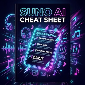 May include: A digital book cover with the title "SUNO AI CHEAT SHEET" in bold, neon-style lettering. The design includes a smartphone graphic with a quick-reference guide, musical notes, and a vibrant colour scheme of blue, pink, and purple.